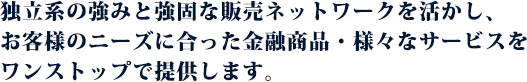 独立系の強みと強固な販売ネットワークを活かし、お客様のニーズに合った金融商品・様々なサービスをワンストップで提供します。